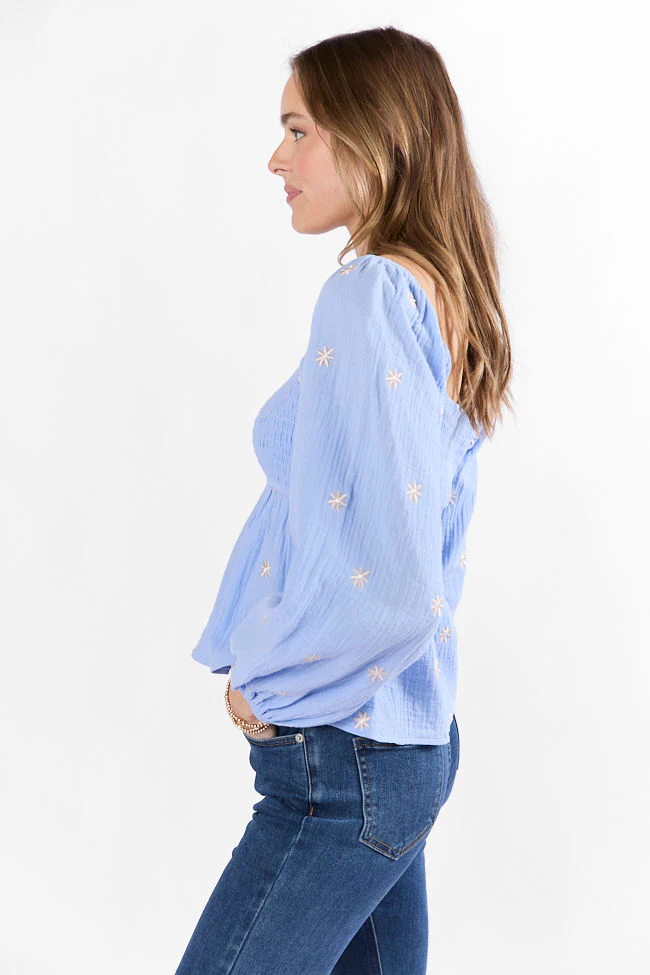 Darling Days Blue Floral Embroidered Gauze Top - Terpint
