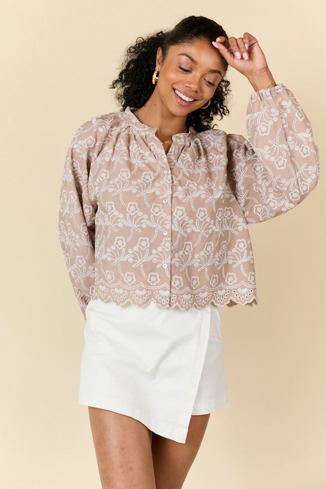 Downtown Delight Tan Embroidered Blouse FINAL SALE - Terpint