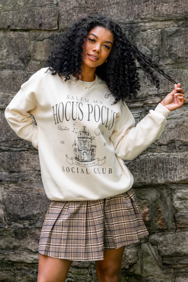 Hocus Pocus Charcoal Print Cream Graphic Sweatshirt DOORBUSTER - Terpint