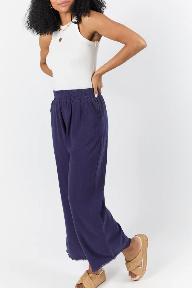 Look Your Best Navy Frayed Detail Ankle Length Pants FINAL SALE - Terpint