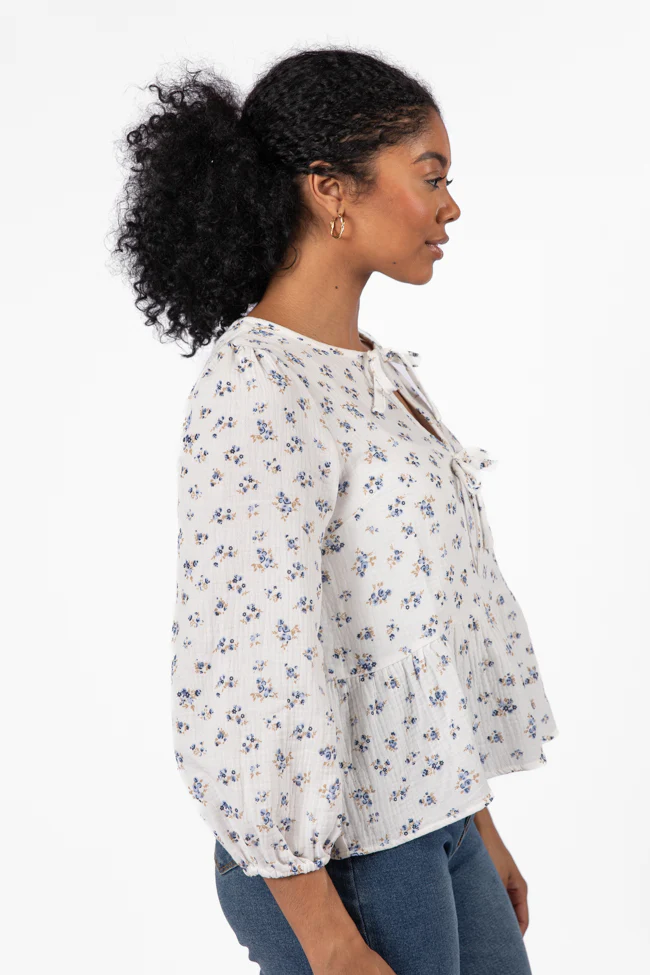 Close To Me Ivory and Blue Bow Detail Floral Blouse FINAL SALE - Terpint