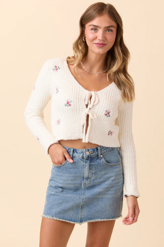 Jordyn Long Sleeve Ivory Tie Front Floral Embroidered Cardigan - Terpint