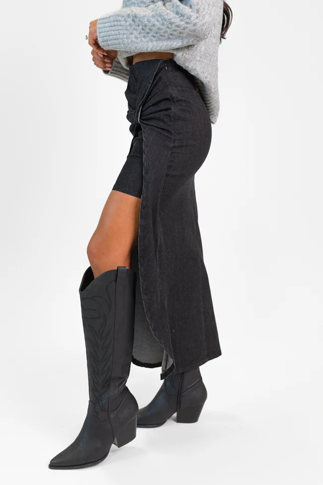 Unexpected Turn Black Denim Twist Front Midi Skirt FINAL SALE - Terpint