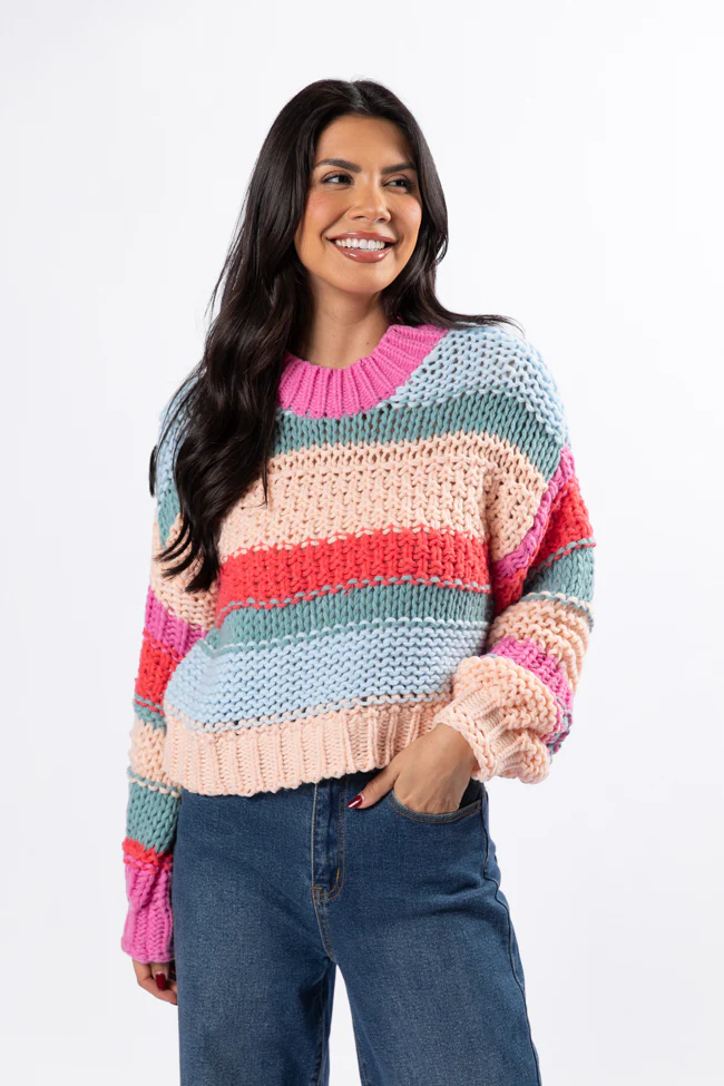 In Line Peach Multi Chunky Striped Sweater DOORBUSTER - Terpint